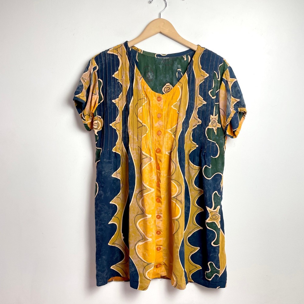 Vintage 90s Y2K Celestial Tunic Top Sz XL Whimsigoth Stars Pintuck‎ Button Front
